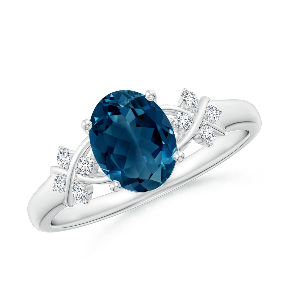 8x6mm AAAA Oval London Blue Topaz Criss Cross Ring with Diamonds in P950 Platinum 