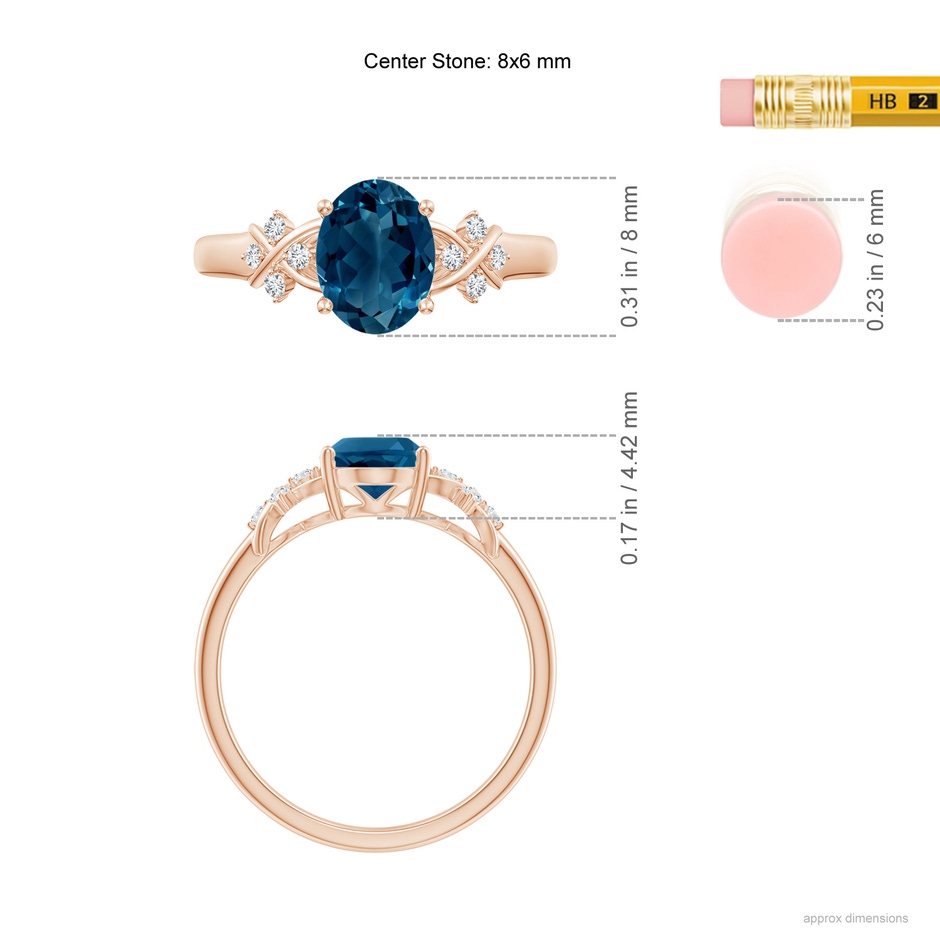 8x6mm AAAA Oval London Blue Topaz Criss Cross Ring with Diamonds in Rose Gold ruler