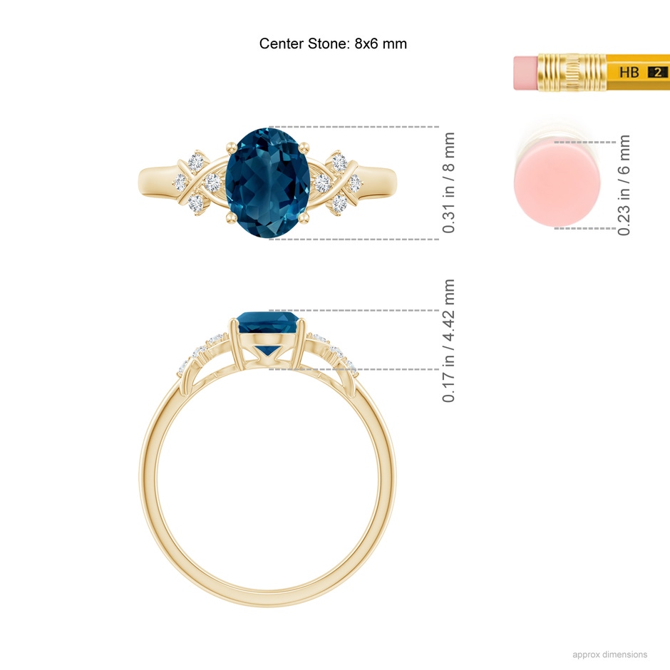 8x6mm AAAA Oval London Blue Topaz Criss Cross Ring with Diamonds in Yellow Gold ruler