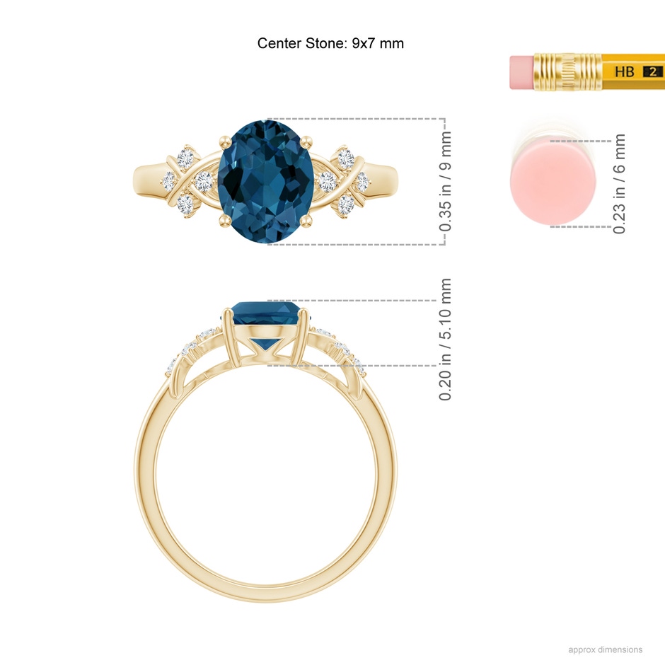 9x7mm AAA Oval London Blue Topaz Criss Cross Ring with Diamonds in Yellow Gold ruler