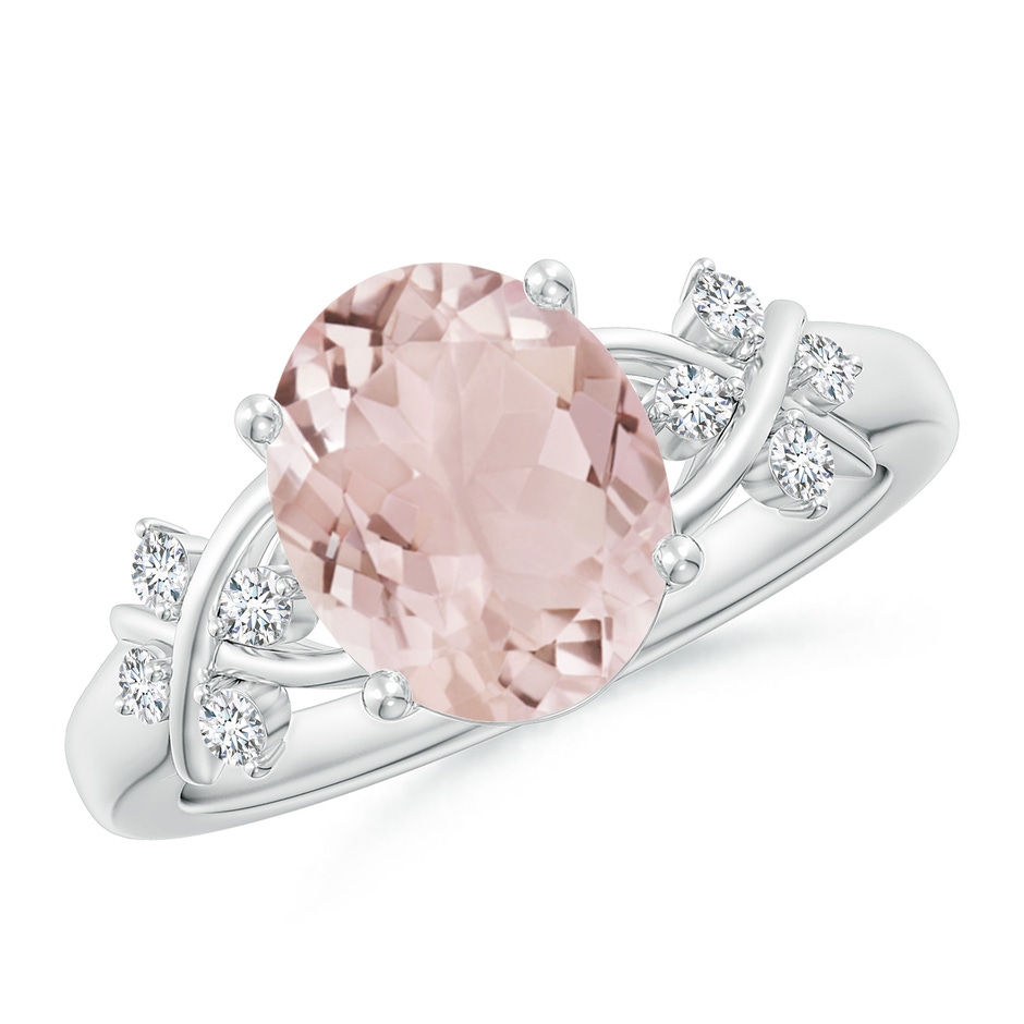 10x8mm A Solitaire Oval Morganite Criss Cross Ring with Diamonds in White Gold 