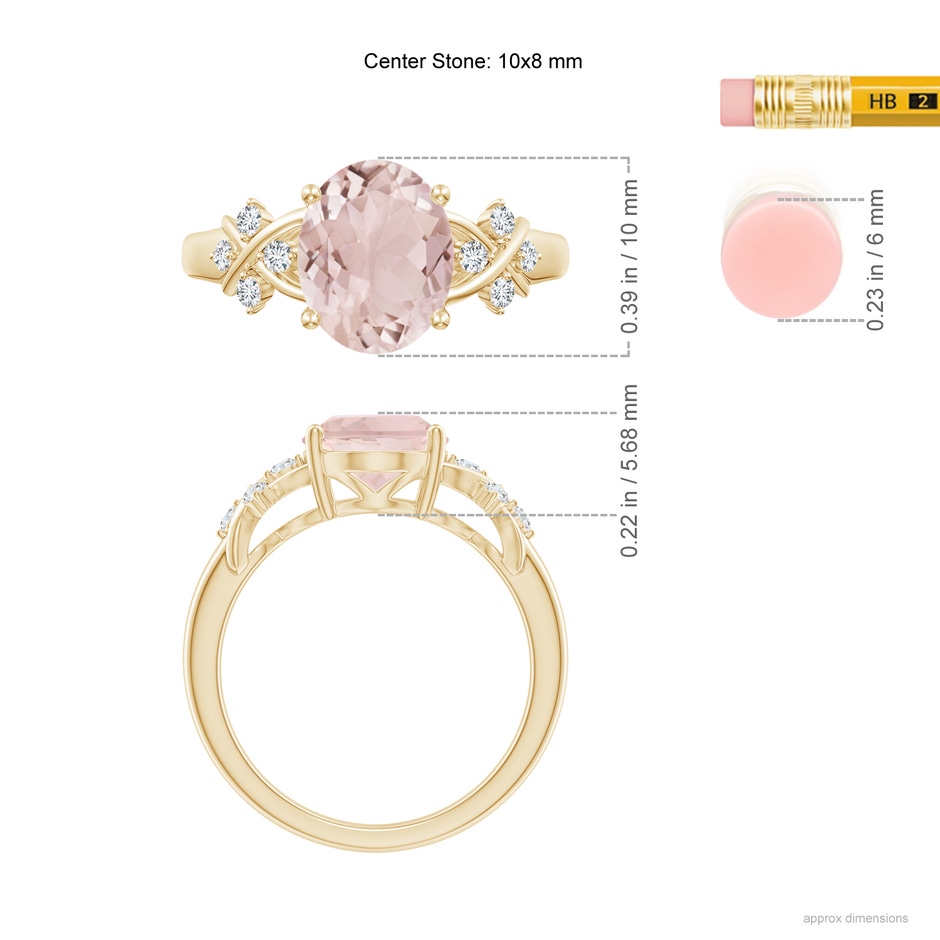 10x8mm A Solitaire Oval Morganite Criss Cross Ring with Diamonds in Yellow Gold ruler