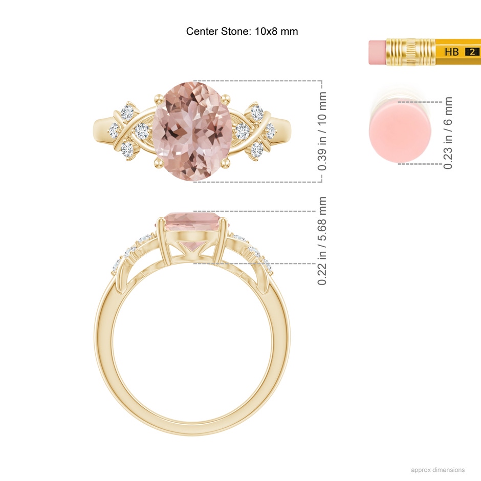 10x8mm AAA Solitaire Oval Morganite Criss Cross Ring with Diamonds in Yellow Gold ruler