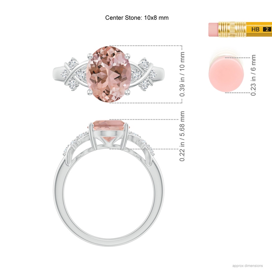 10x8mm AAAA Solitaire Oval Morganite Criss Cross Ring with Diamonds in P950 Platinum ruler
