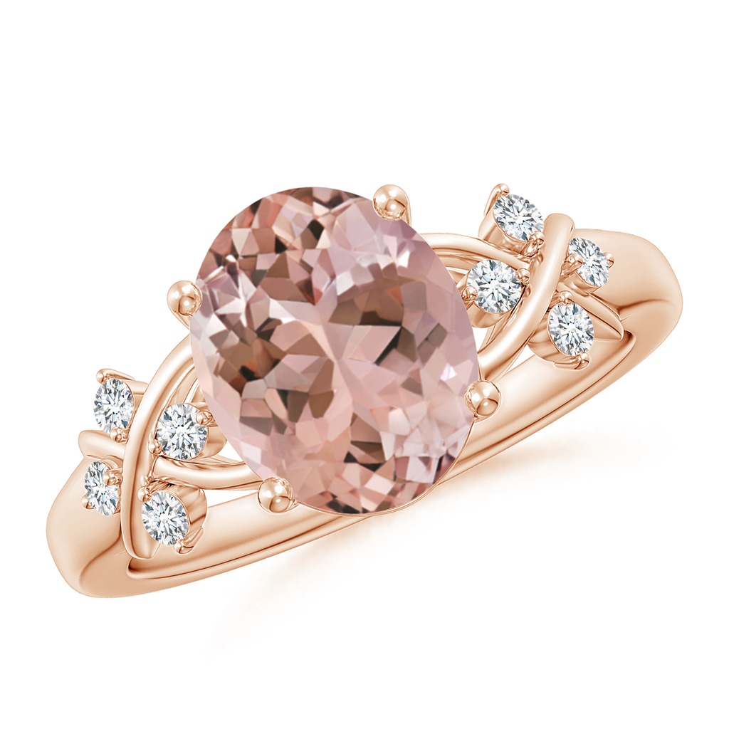 10x8mm AAAA Solitaire Oval Morganite Criss Cross Ring with Diamonds in Rose Gold