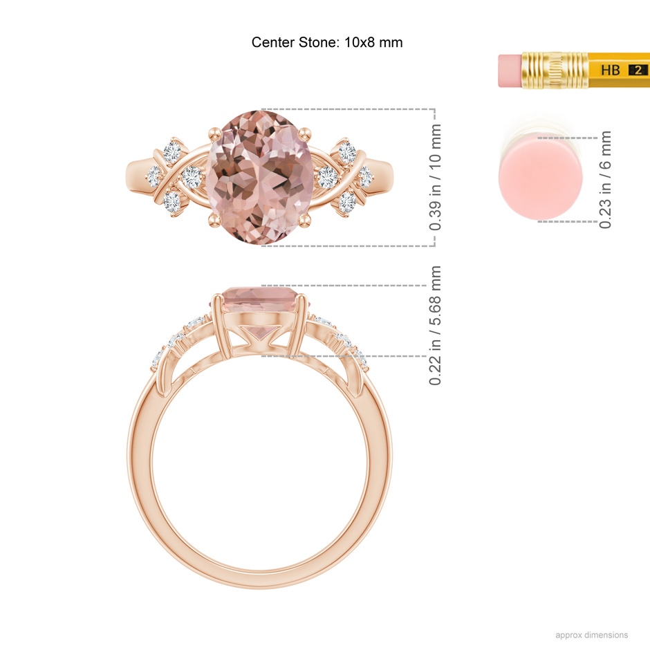 10x8mm AAAA Solitaire Oval Morganite Criss Cross Ring with Diamonds in Rose Gold ruler