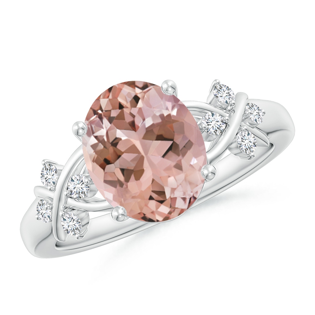 10x8mm AAAA Solitaire Oval Morganite Criss Cross Ring with Diamonds in White Gold