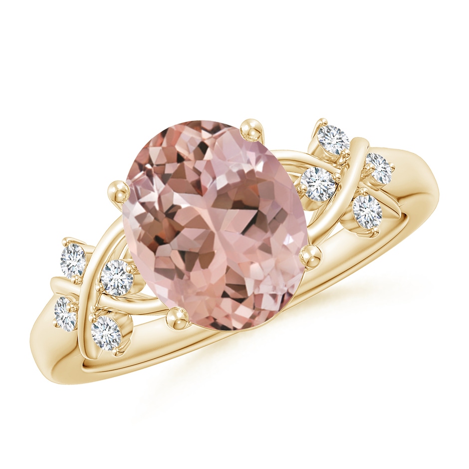 10x8mm AAAA Solitaire Oval Morganite Criss Cross Ring with Diamonds in Yellow Gold 