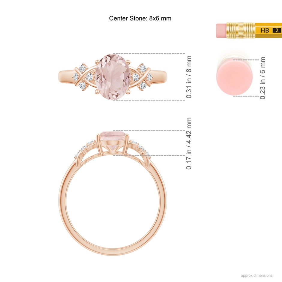 8x6mm A Solitaire Oval Morganite Criss Cross Ring with Diamonds in 10K Rose Gold ruler