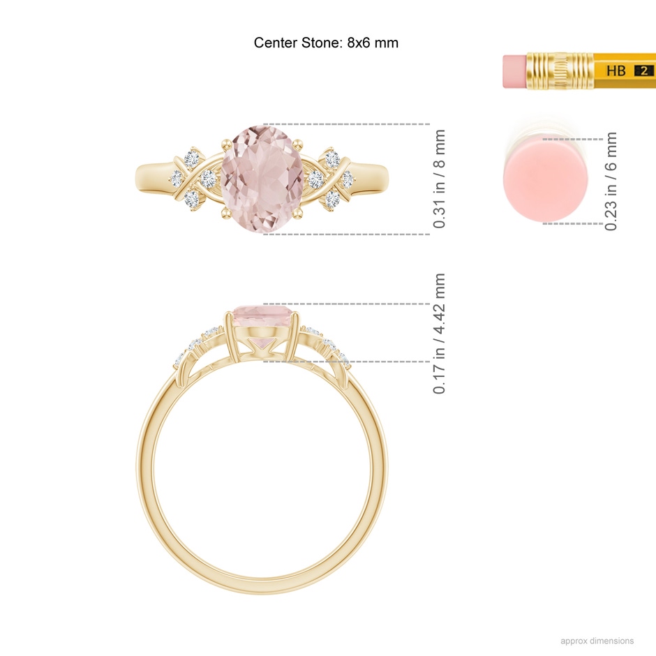 8x6mm A Solitaire Oval Morganite Criss Cross Ring with Diamonds in Yellow Gold ruler