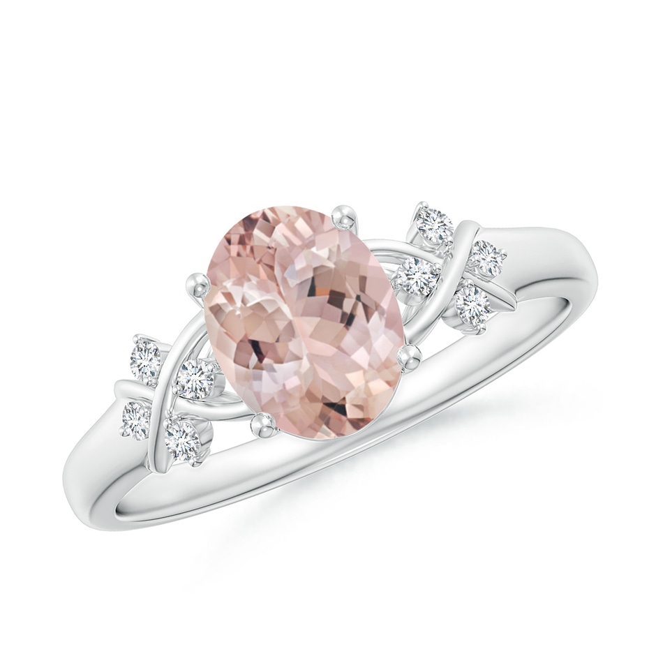 8x6mm AA Solitaire Oval Morganite Criss Cross Ring with Diamonds in White Gold 