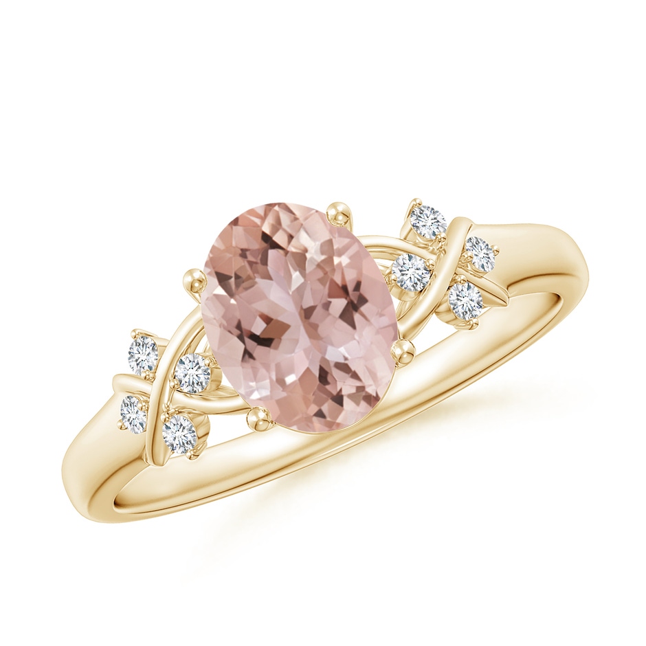 8x6mm AAA Solitaire Oval Morganite Criss Cross Ring with Diamonds in Yellow Gold 