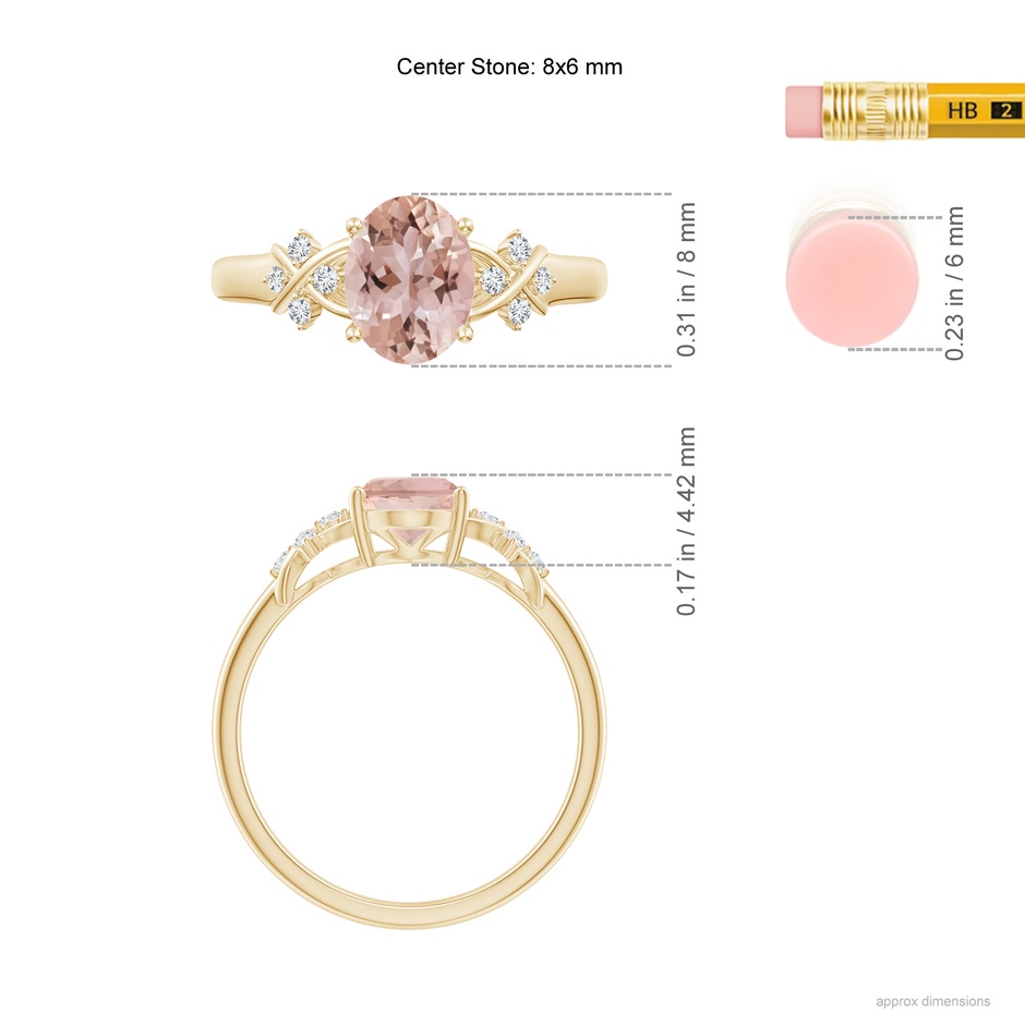 8x6mm AAA Solitaire Oval Morganite Criss Cross Ring with Diamonds in Yellow Gold ruler