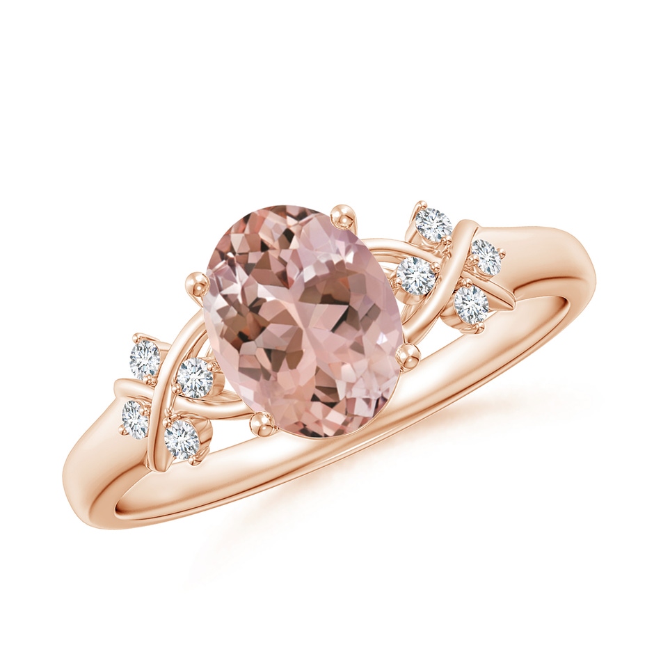 8x6mm AAAA Solitaire Oval Morganite Criss Cross Ring with Diamonds in Rose Gold 