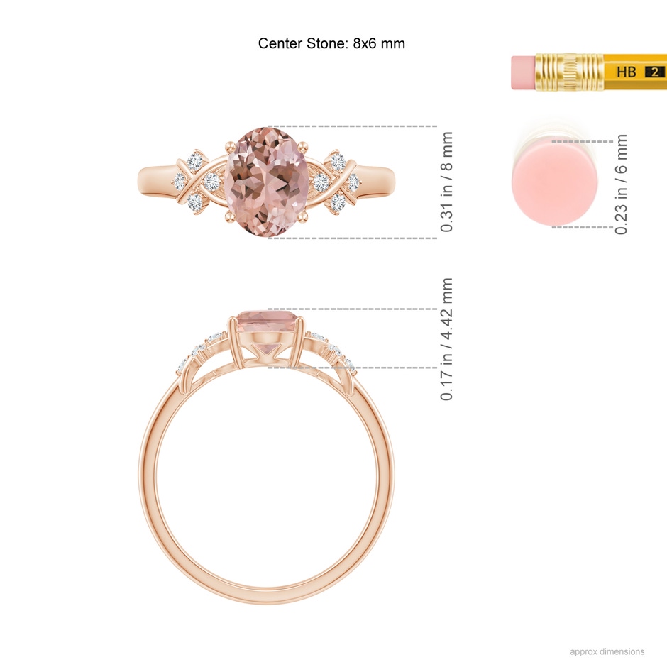 8x6mm AAAA Solitaire Oval Morganite Criss Cross Ring with Diamonds in Rose Gold ruler