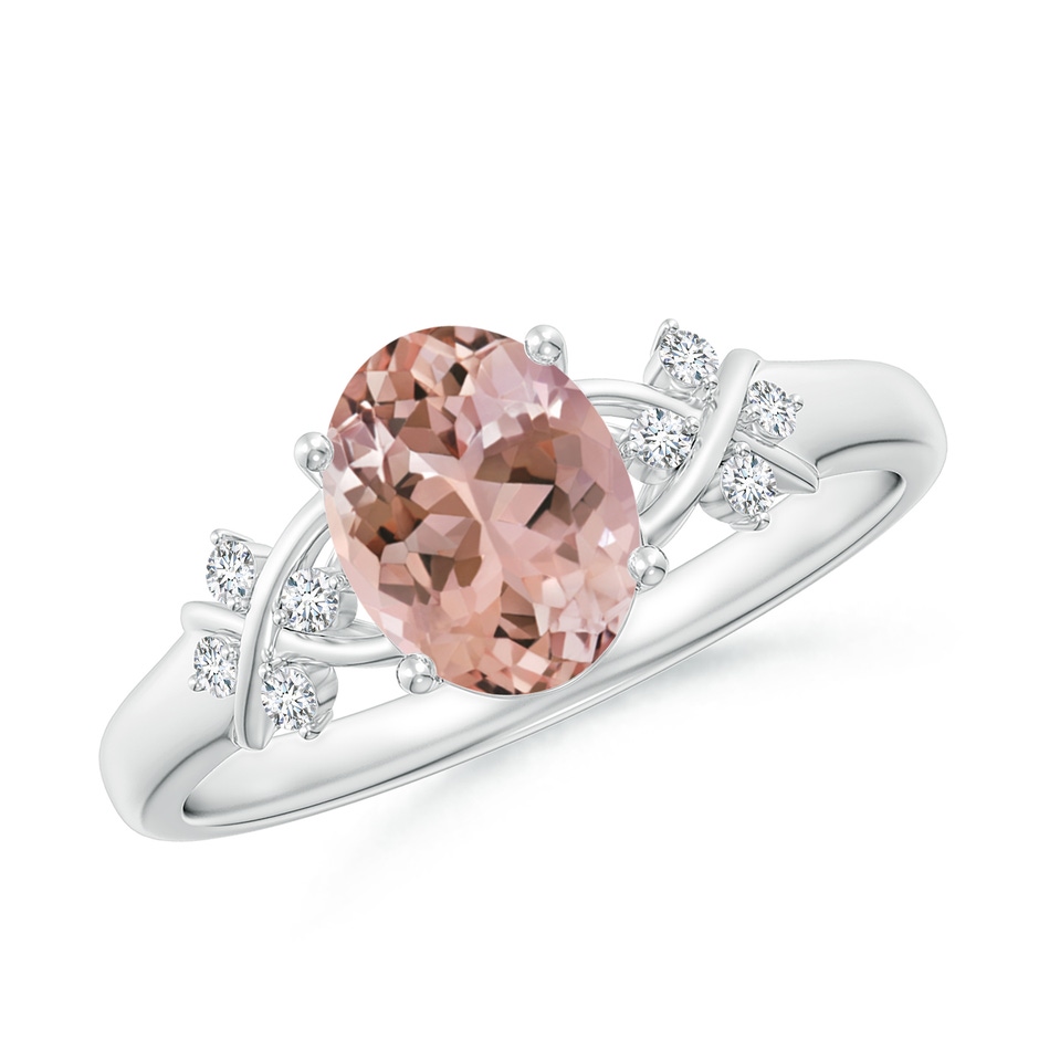 8x6mm AAAA Solitaire Oval Morganite Criss Cross Ring with Diamonds in White Gold 