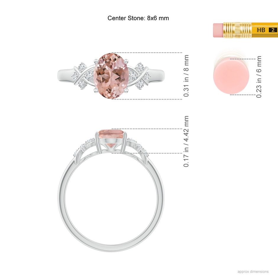 8x6mm AAAA Solitaire Oval Morganite Criss Cross Ring with Diamonds in White Gold ruler