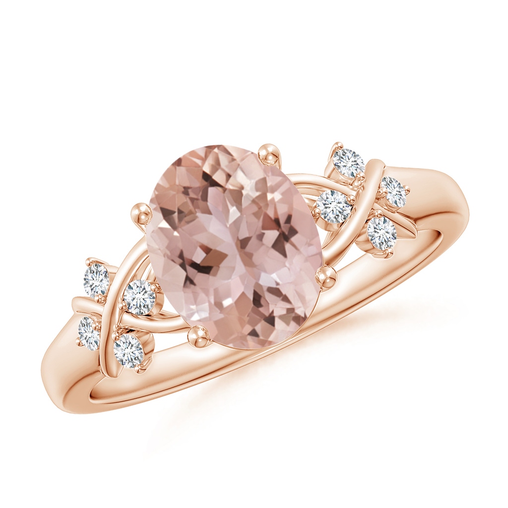 9x7mm AAA Solitaire Oval Morganite Criss Cross Ring with Diamonds in Rose Gold
