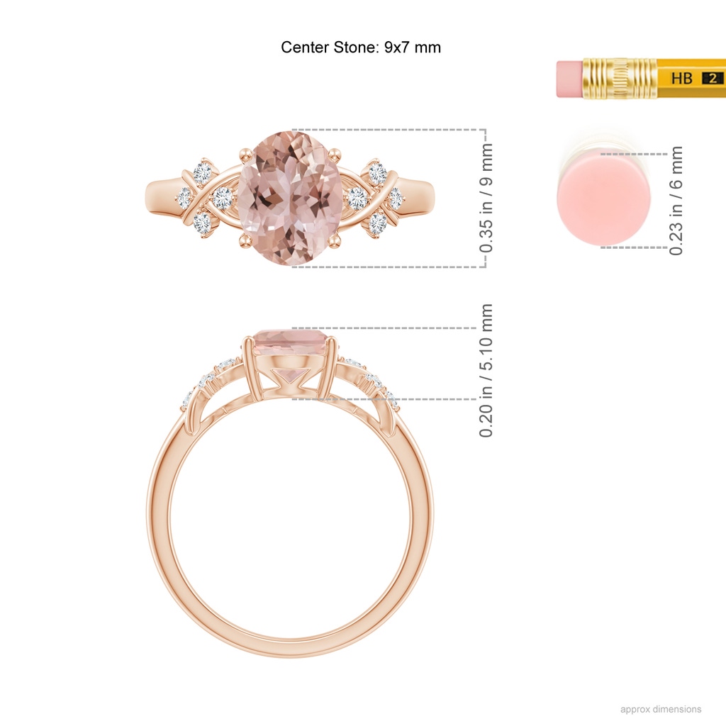 9x7mm AAA Solitaire Oval Morganite Criss Cross Ring with Diamonds in Rose Gold ruler