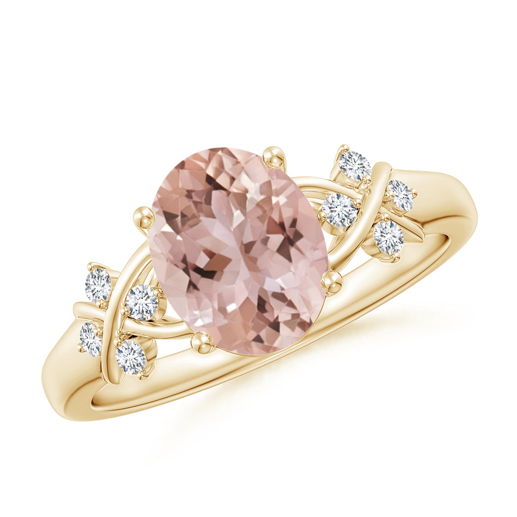 9x7mm AAA Solitaire Oval Morganite Criss Cross Ring with Diamonds in Yellow Gold