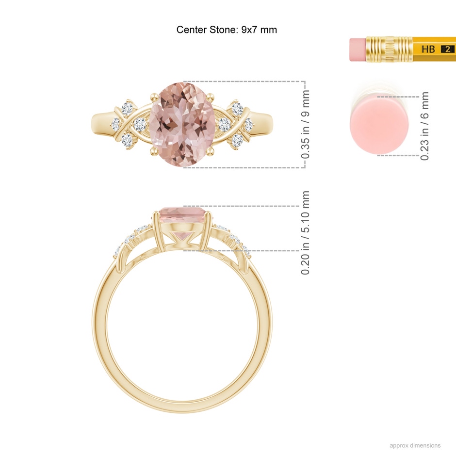 9x7mm AAA Solitaire Oval Morganite Criss Cross Ring with Diamonds in Yellow Gold ruler