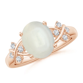 10x8mm AAAA Solitaire Oval Moonstone Criss Cross Ring with Diamonds in Rose Gold