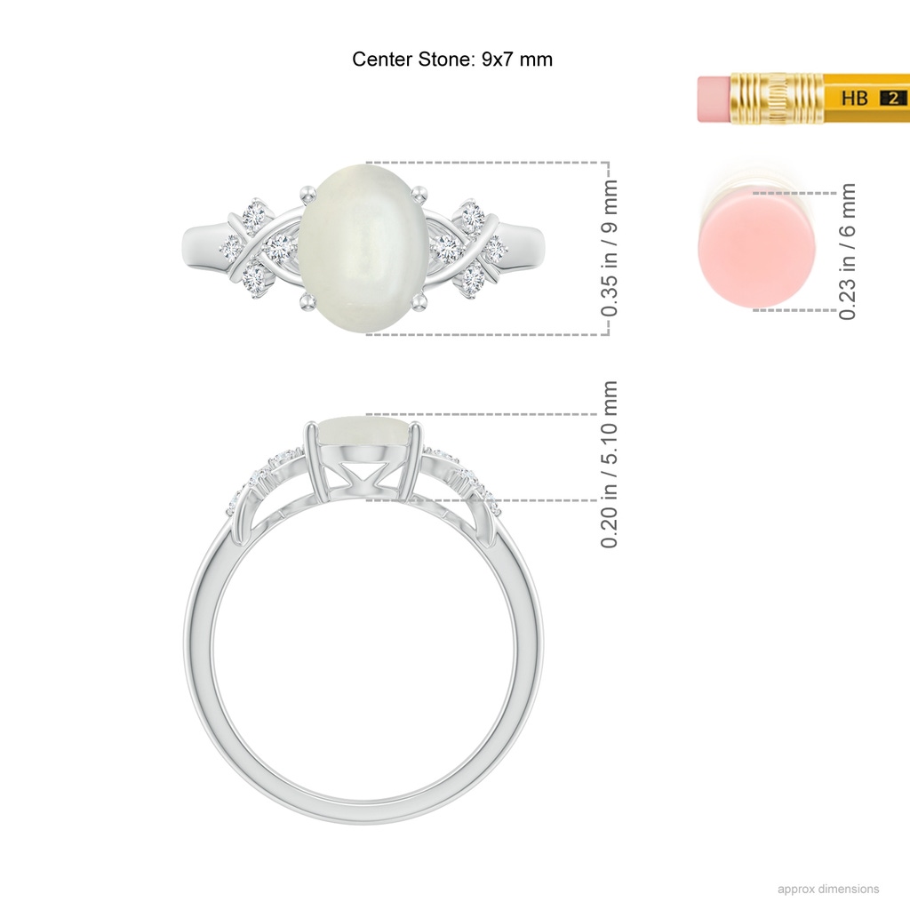 9x7mm AAAA Solitaire Oval Moonstone Criss Cross Ring with Diamonds in White Gold Ruler