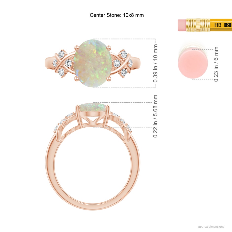 10x8mm AAA Solitaire Oval Opal Criss Cross Ring with Diamonds in 18K Rose Gold ruler