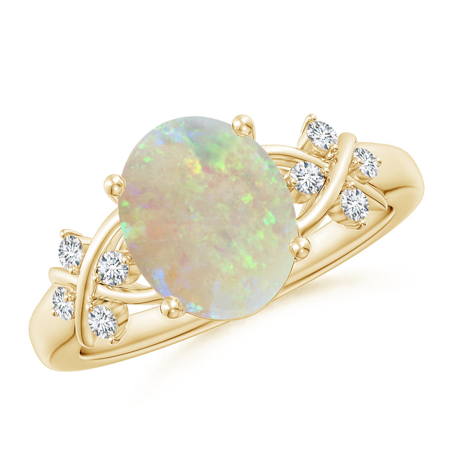 10x8mm AAA Solitaire Oval Opal Criss Cross Ring with Diamonds in 18K Yellow Gold