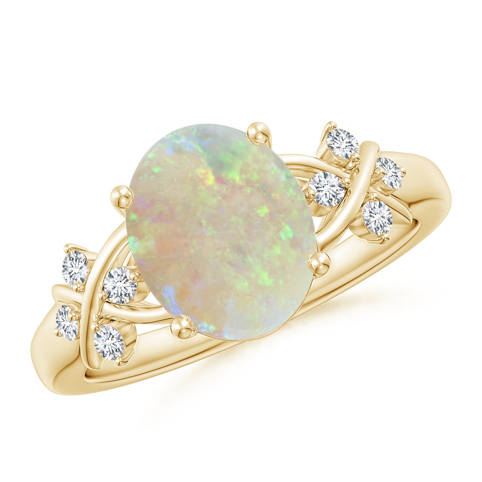 10x8mm AAA Solitaire Oval Opal Criss Cross Ring with Diamonds in 18K Yellow Gold 
