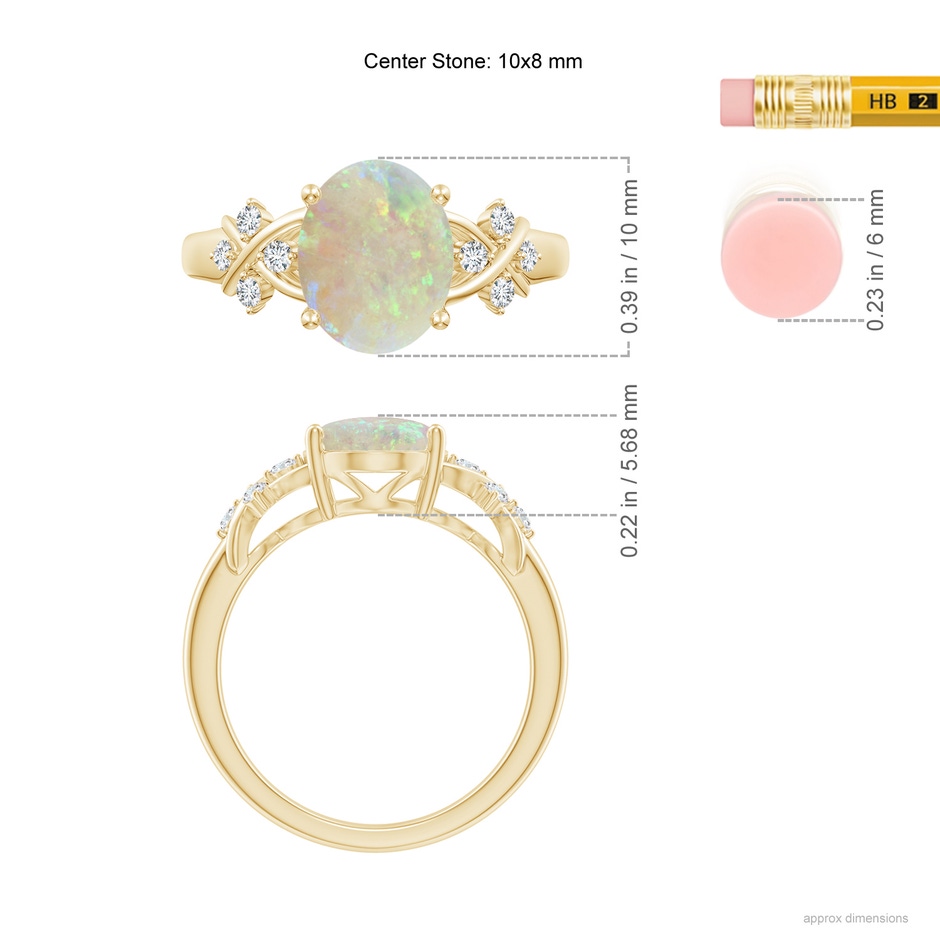 10x8mm AAA Solitaire Oval Opal Criss Cross Ring with Diamonds in 18K Yellow Gold ruler