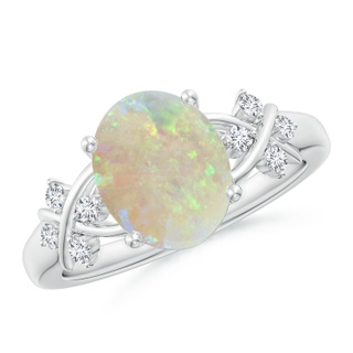 10x8mm AAA Solitaire Oval Opal Criss Cross Ring with Diamonds in White Gold