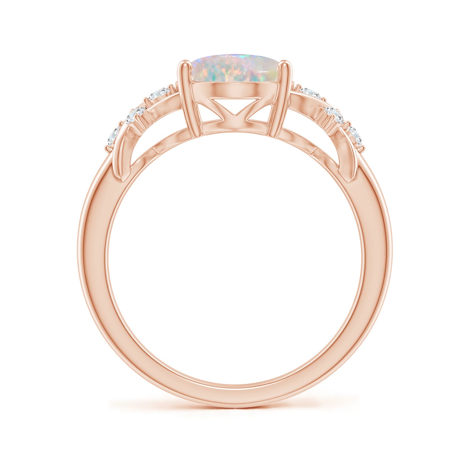 10x8mm AAAA Solitaire Oval Opal Criss Cross Ring with Diamonds in 18K Rose Gold