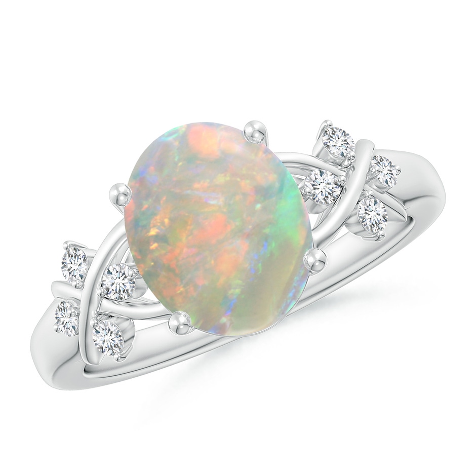10x8mm AAAA Solitaire Oval Opal Criss Cross Ring with Diamonds in 18K White Gold 