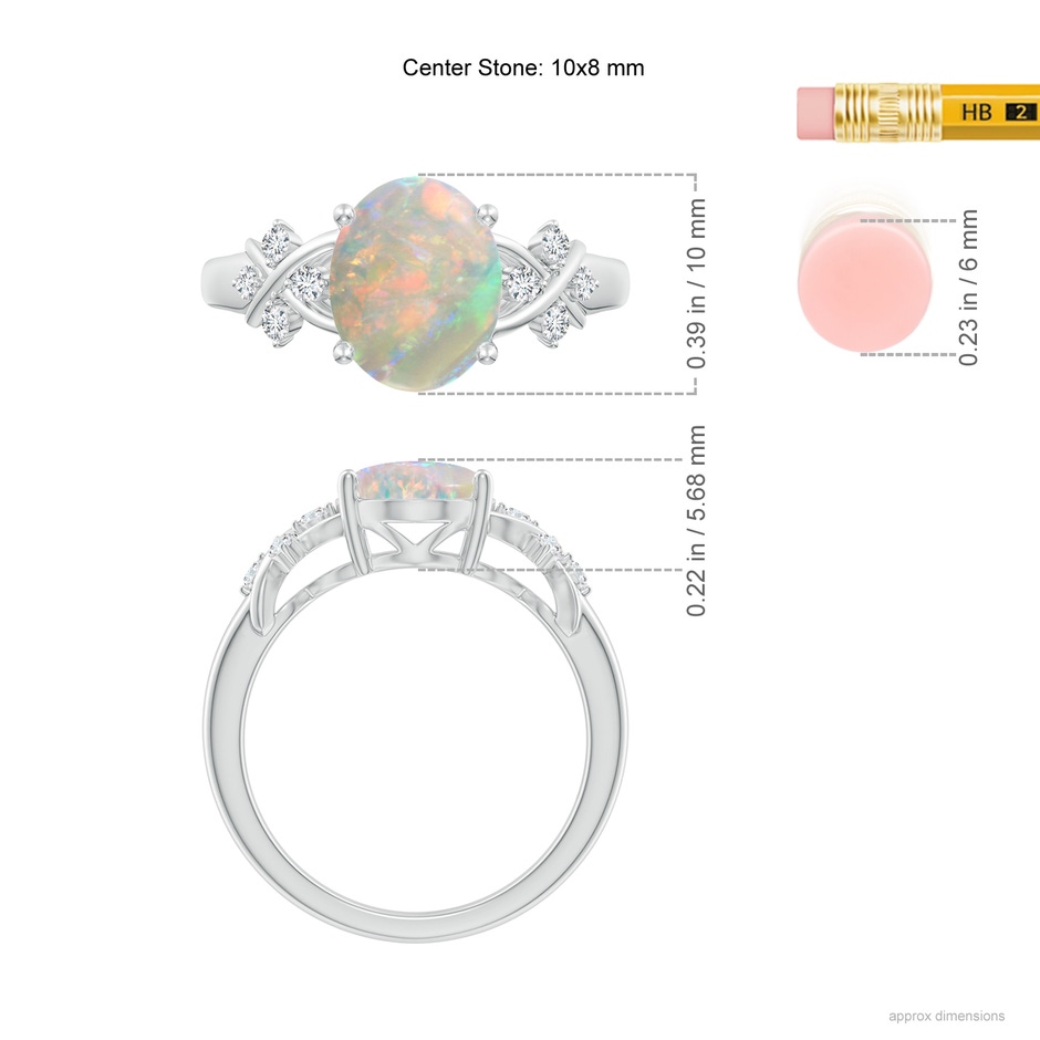 10x8mm AAAA Solitaire Oval Opal Criss Cross Ring with Diamonds in 18K White Gold ruler