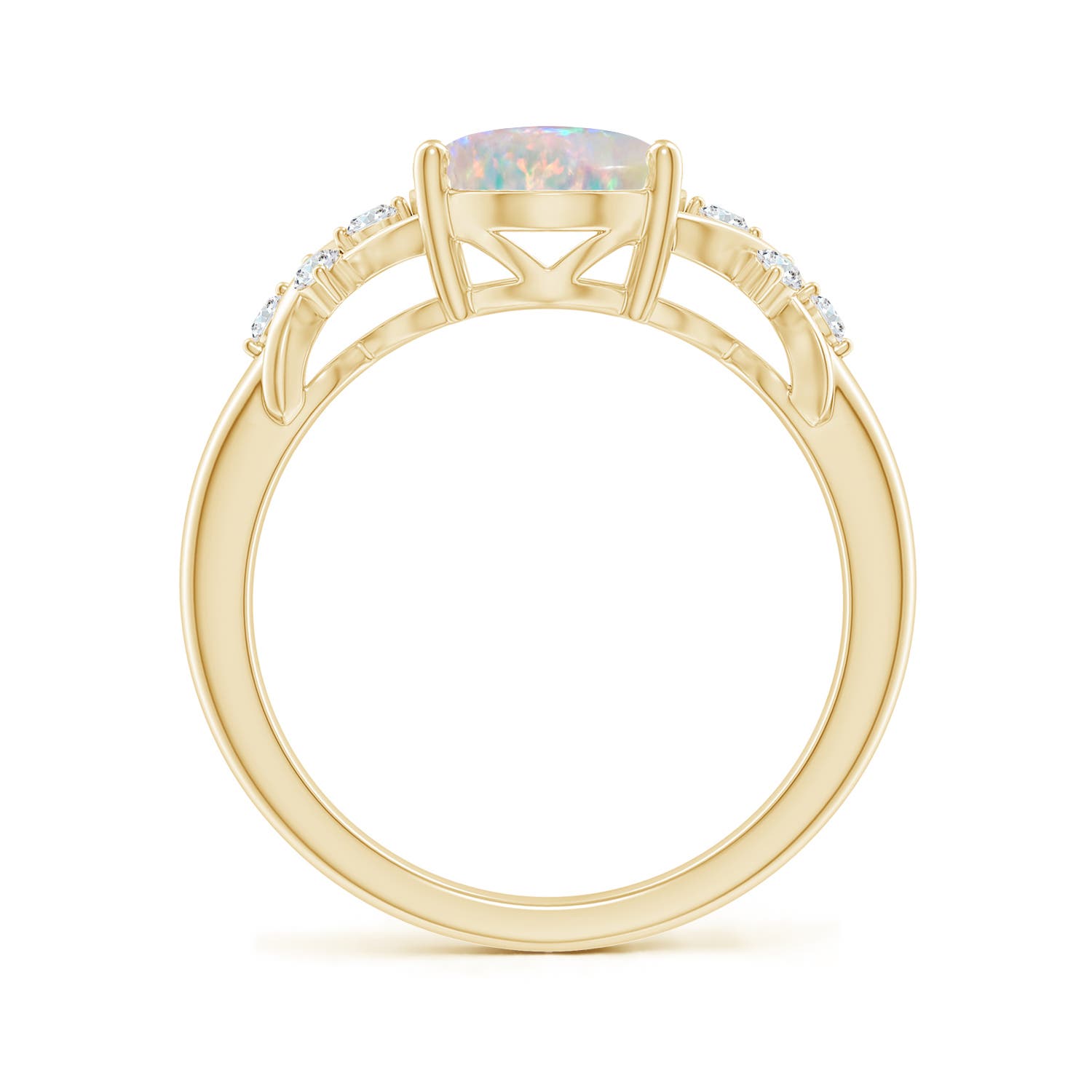 10x8mm AAAA Solitaire Oval Opal Criss Cross Ring with Diamonds in 18K Yellow Gold