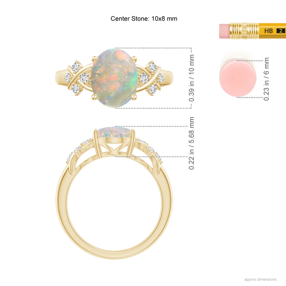 10x8mm AAAA Solitaire Oval Opal Criss Cross Ring with Diamonds in 18K Yellow Gold ruler