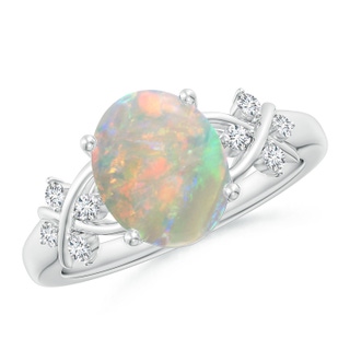 10x8mm AAAA Solitaire Oval Opal Criss Cross Ring with Diamonds in 9K White Gold
