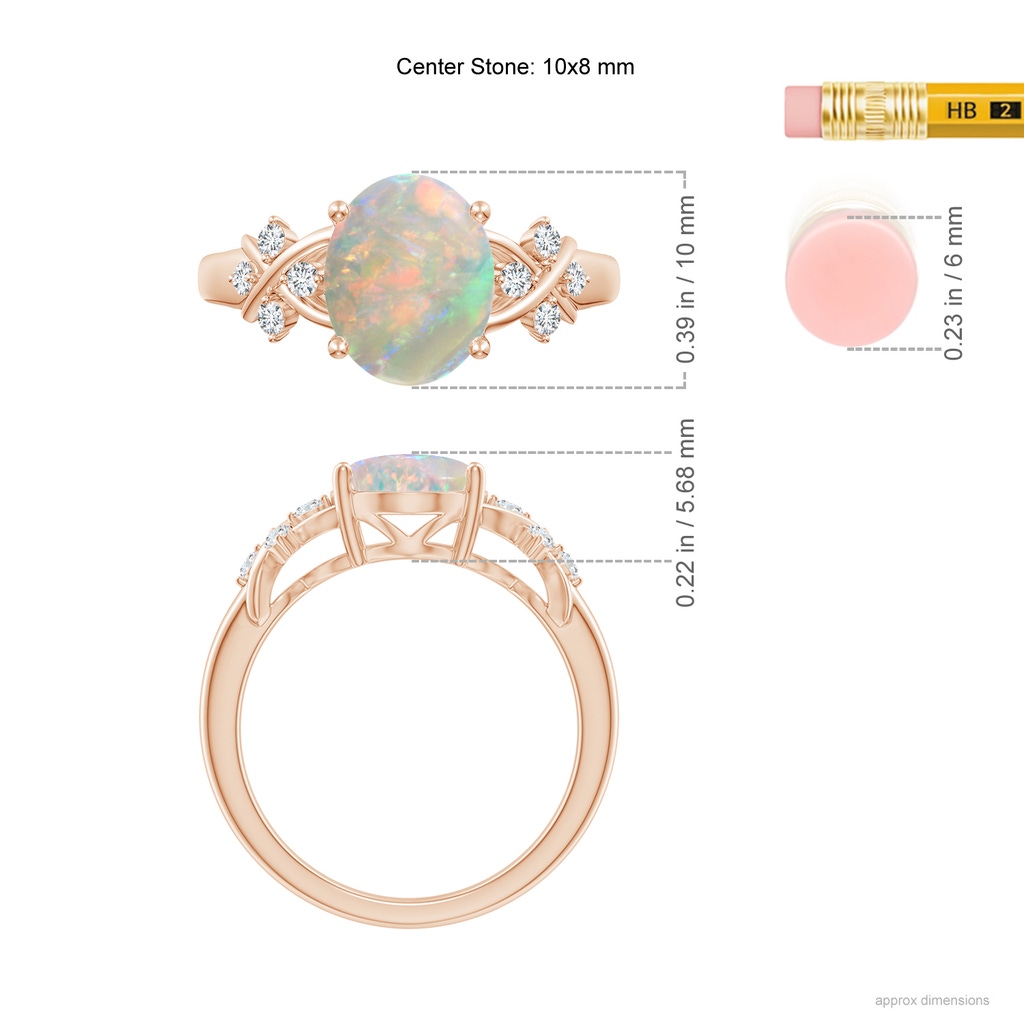 10x8mm AAAA Solitaire Oval Opal Criss Cross Ring with Diamonds in Rose Gold Ruler