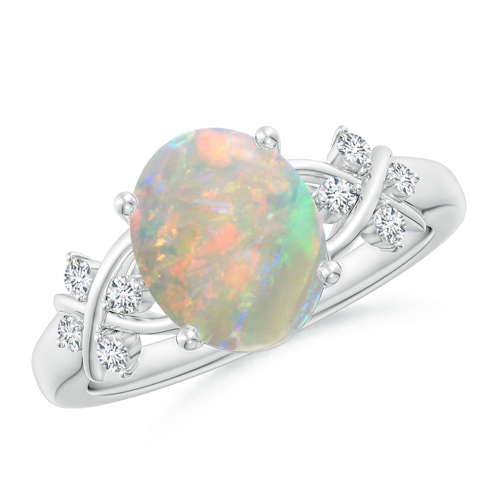 10x8mm AAAA Solitaire Oval Opal Criss Cross Ring with Diamonds in S999 Silver