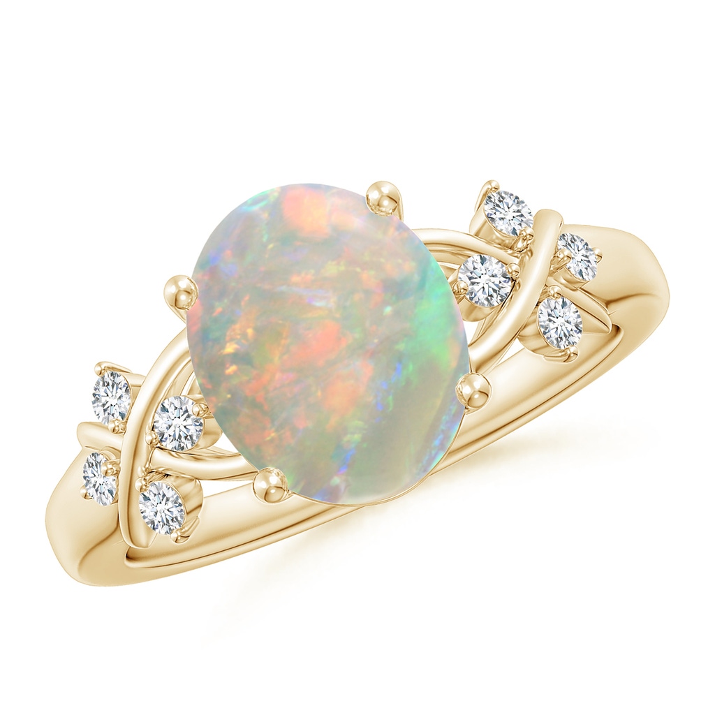 10x8mm AAAA Solitaire Oval Opal Criss Cross Ring with Diamonds in Yellow Gold