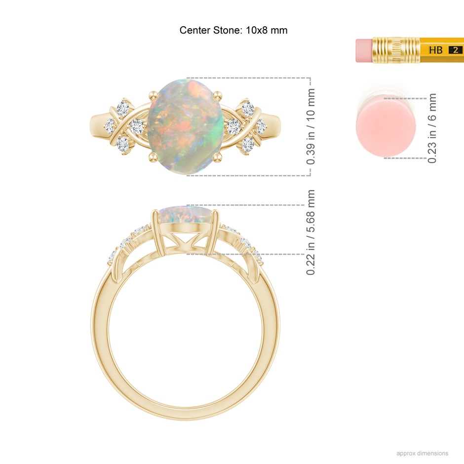 10x8mm AAAA Solitaire Oval Opal Criss Cross Ring with Diamonds in Yellow Gold ruler