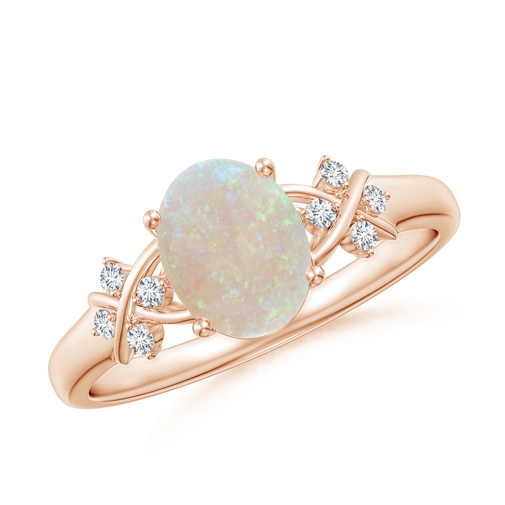 8x6mm AA Solitaire Oval Opal Criss Cross Ring with Diamonds in 10K Rose Gold