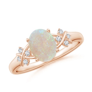 8x6mm AA Solitaire Oval Opal Criss Cross Ring with Diamonds in 9K Rose Gold
