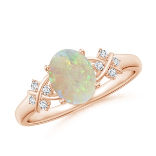 8x6mm AAA Solitaire Oval Opal Criss Cross Ring with Diamonds in 9K Rose Gold