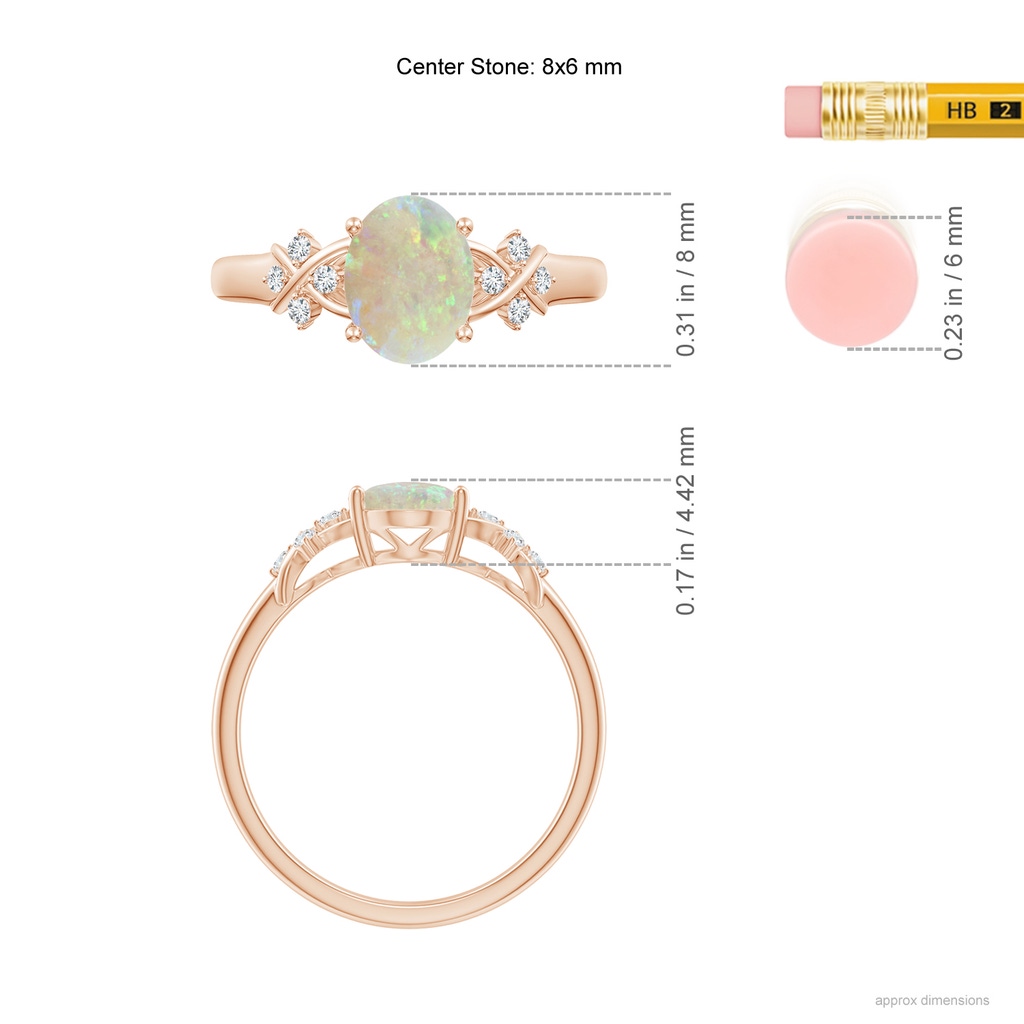 8x6mm AAA Solitaire Oval Opal Criss Cross Ring with Diamonds in Rose Gold Ruler
