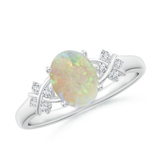8x6mm AAA Solitaire Oval Opal Criss Cross Ring with Diamonds in White Gold