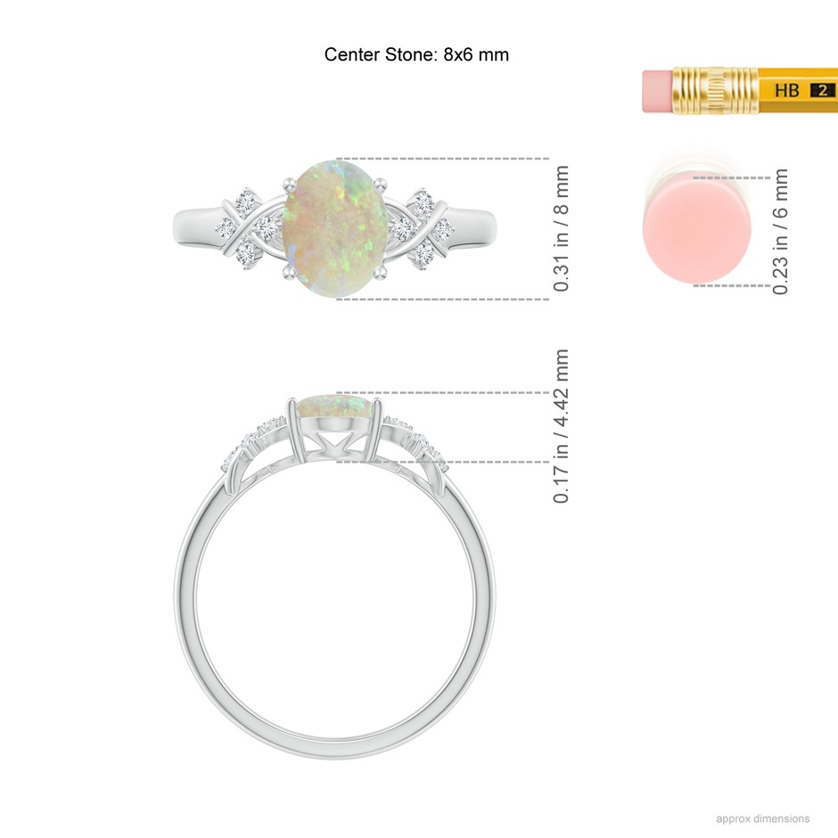 8x6mm AAA Solitaire Oval Opal Criss Cross Ring with Diamonds in White Gold ruler