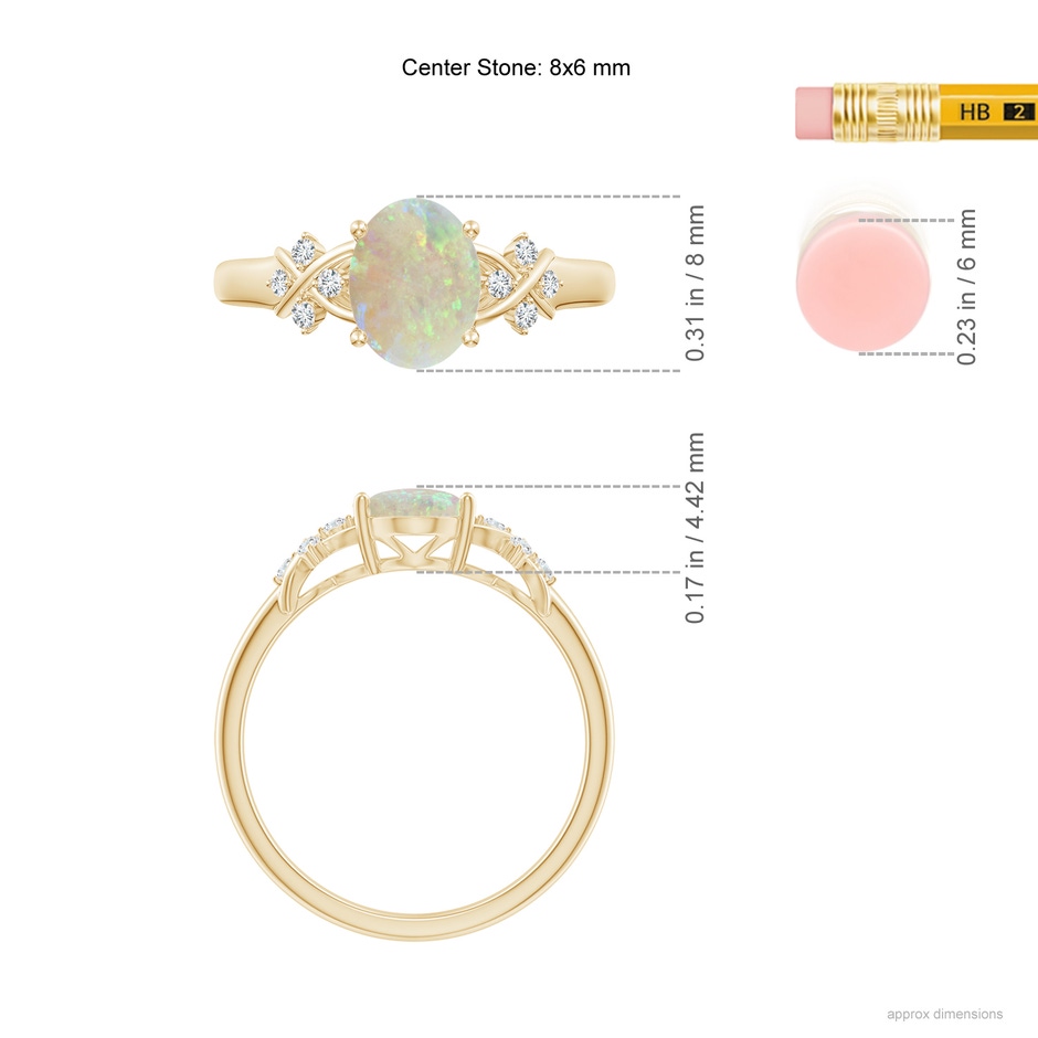 8x6mm AAA Solitaire Oval Opal Criss Cross Ring with Diamonds in Yellow Gold ruler