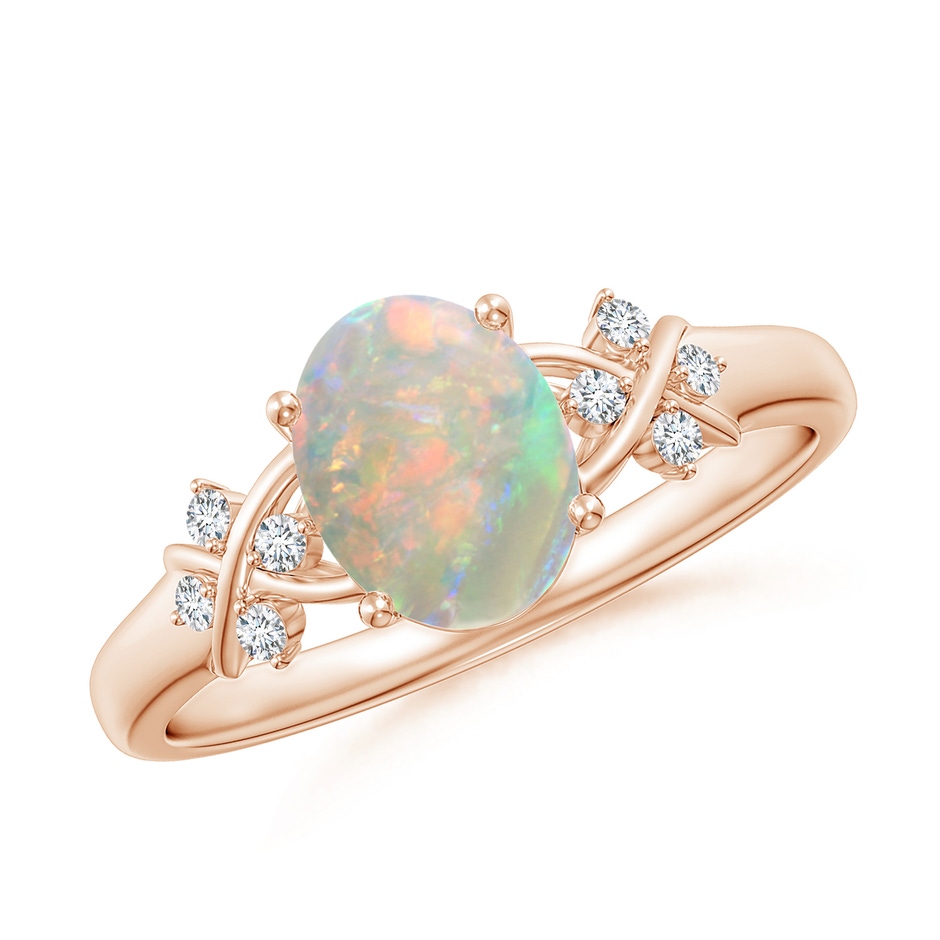 8x6mm AAAA Solitaire Oval Opal Criss Cross Ring with Diamonds in Rose Gold 